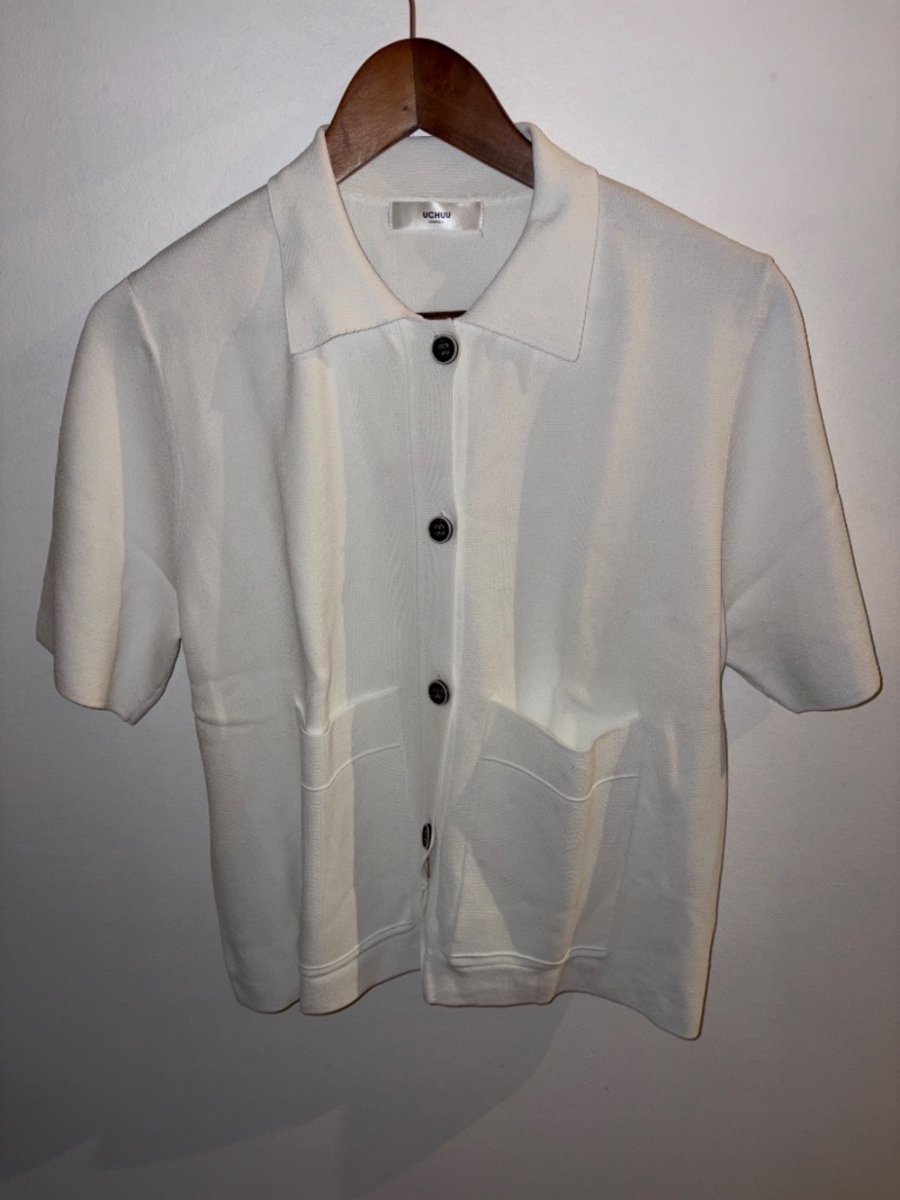 UCHUU Montreal White Knit Short Sleeve Button-Down Pockets SIZE L  Shacket